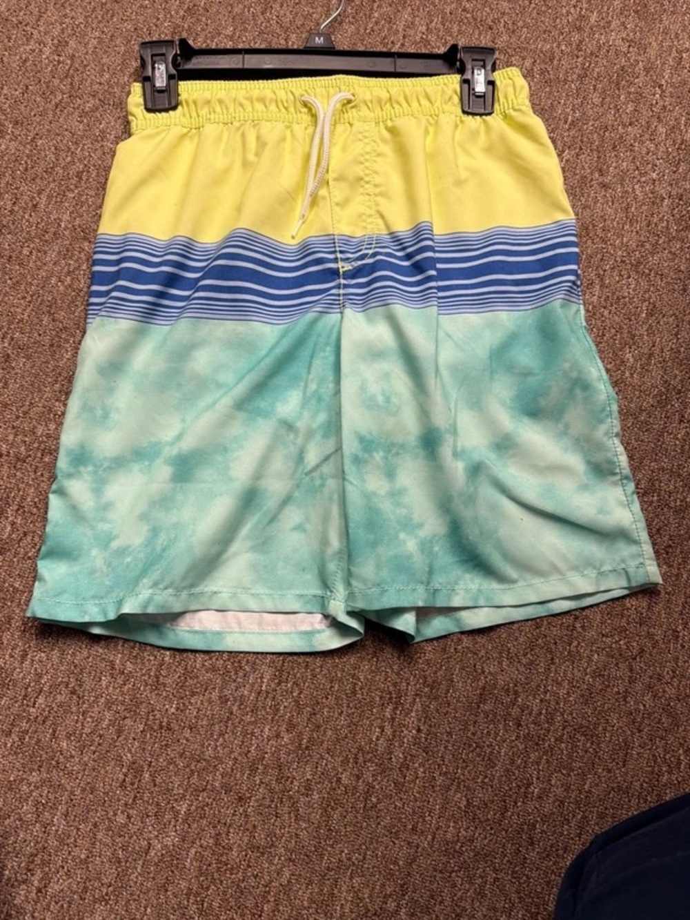 Yellow and Aqua Striped Swim Trunks